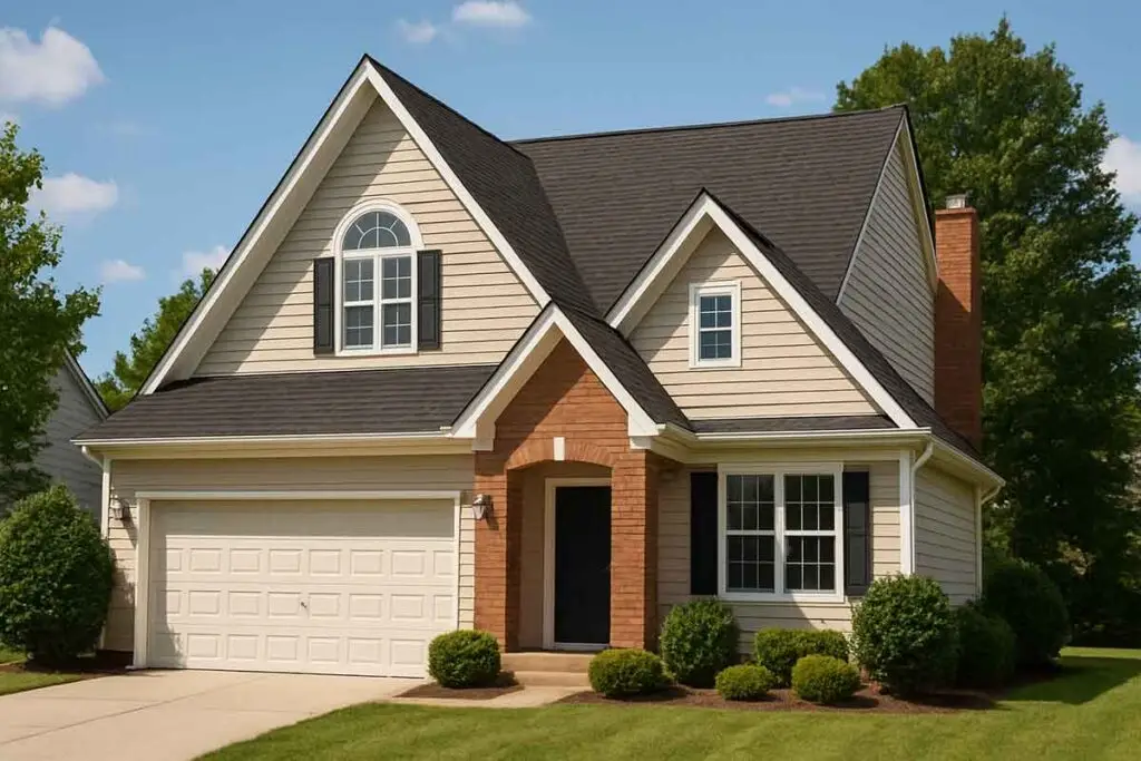 House with a roof that has a steep pitch