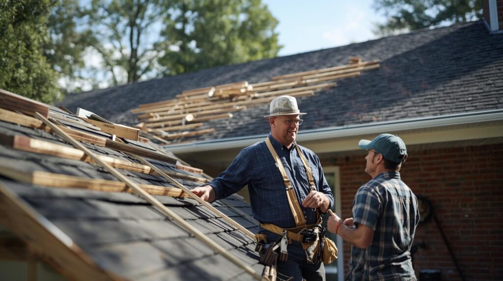Roofer talking to homeowner during a roof replacement